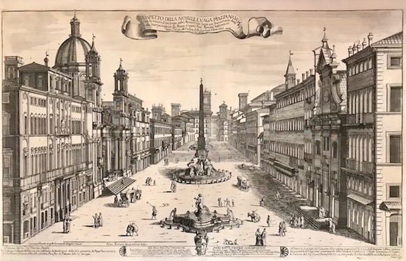 Vergelli Giuseppe Tiburzio (1610 ca.-1690 ca.) Prospetto della nobile e vaga piazza Navona con le misure d'essa, lunga palmi romani 1150 larga 250. Nuovamente data alle stampe originali da Matteo Gregorio Rossi romano habitante i detta Piazza, all'Insegna della Stampa l'Anno 1688 1688 Roma 